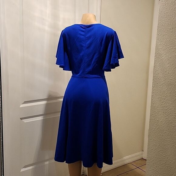 BRIDESMAY FIT AND FLARE V-NECK RUFFLE SLEEVE WOMEN'S DRESS - Picture 6 of 11